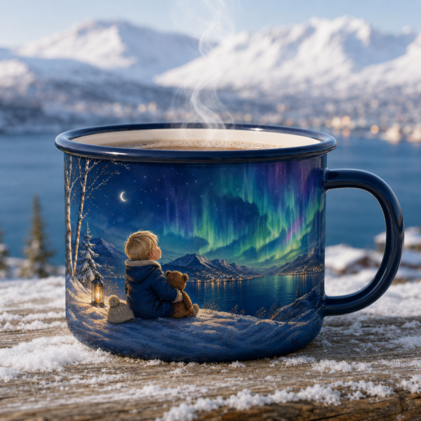 Little Arctic Explorer enamel mug with northern lights
