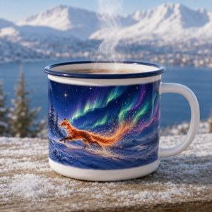 Northern Lights enamel mug with Arctic fox design