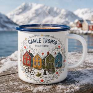 Gamle Tromsø enamel mug with colourful wooden houses